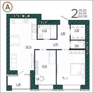 2-к квартира, вторичка, 67м2, 9/9 этаж