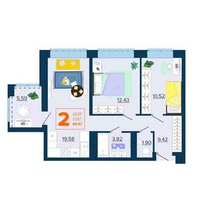 2-к квартира, вторичка, 60м2, 3/16 этаж