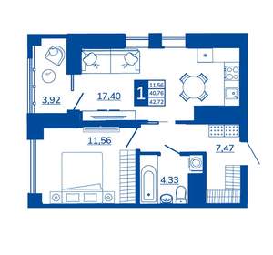 1-к квартира, вторичка, 42м2, 11/17 этаж