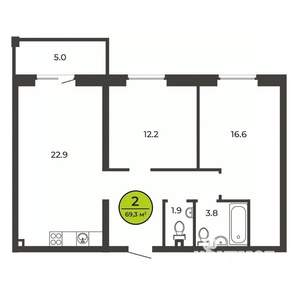 2-к квартира, вторичка, 69м2, 1/9 этаж
