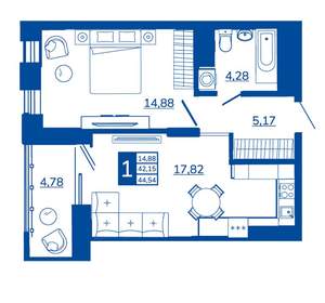 1-к квартира, вторичка, 44м2, 12/17 этаж