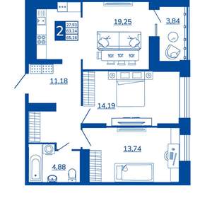 2-к квартира, вторичка, 65м2, 16/17 этаж