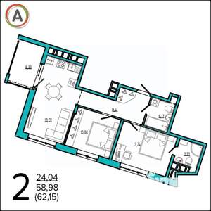 2-к квартира, сданный дом, 62м2, 15/16 этаж