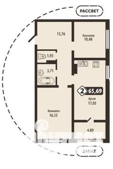 2-к квартира, строящийся дом, 66м2, 13/16 этаж