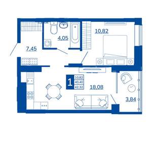 1-к квартира, вторичка, 42м2, 4/17 этаж