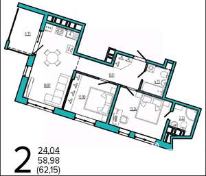 2-к квартира, вторичка, 62м2, 11/16 этаж