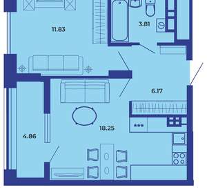 1-к квартира, вторичка, 45м2, 17/19 этаж