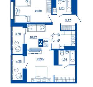 2-к квартира, вторичка, 71м2, 16/17 этаж