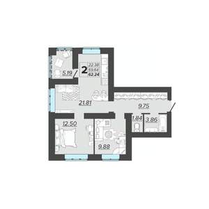 2-к квартира, вторичка, 62м2, 6/9 этаж