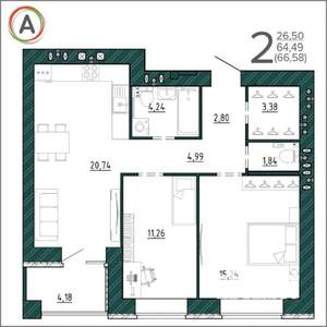 2-к квартира, вторичка, 68м2, 8/9 этаж