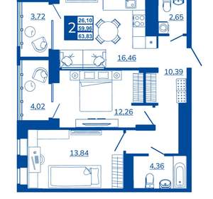 2-к квартира, вторичка, 63м2, 11/17 этаж