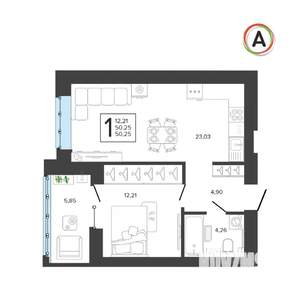 1-к квартира, вторичка, 50м2, 4/9 этаж