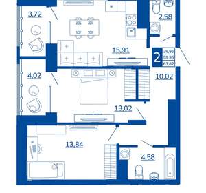2-к квартира, вторичка, 63м2, 4/17 этаж