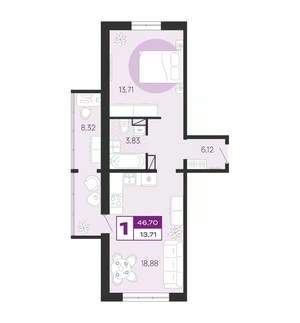 1-к квартира, вторичка, 47м2, 8/10 этаж