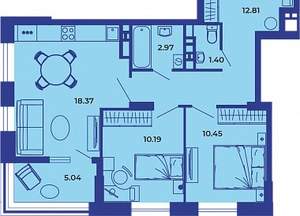 2-к квартира, вторичка, 61м2, 3/19 этаж