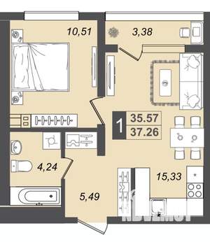 1-к квартира, вторичка, 37м2, 2/17 этаж