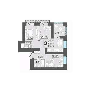 2-к квартира, вторичка, 67м2, 6/15 этаж