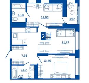 2-к квартира, вторичка, 66м2, 10/17 этаж