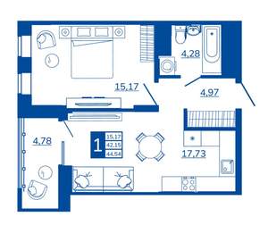 1-к квартира, вторичка, 44м2, 10/17 этаж