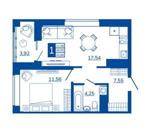 1-к квартира, вторичка, 42м2, 15/17 этаж