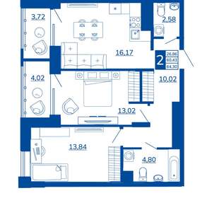 2-к квартира, вторичка, 64м2, 3/17 этаж