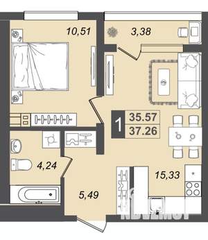 1-к квартира, вторичка, 37м2, 5/17 этаж