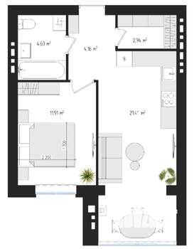 1-к квартира, сданный дом, 45м2, 4/4 этаж