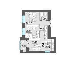 2-к квартира, вторичка, 51м2, 14/15 этаж