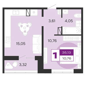 1-к квартира, вторичка, 35м2, 1/10 этаж