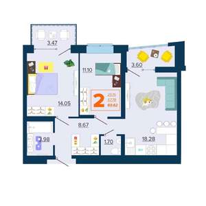 2-к квартира, вторичка, 61м2, 13/16 этаж