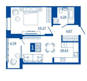 1-к квартира, вторичка, 45м2, 4/17 этаж