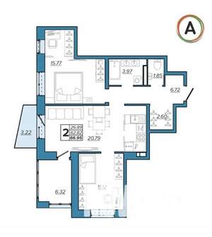 2-к квартира, вторичка, 67м2, 15/16 этаж