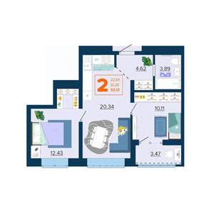 2-к квартира, вторичка, 53м2, 14/16 этаж