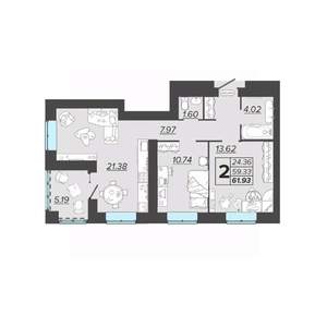 2-к квартира, вторичка, 62м2, 3/9 этаж