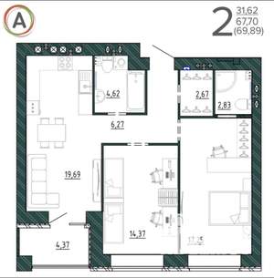 2-к квартира, сданный дом, 70м2, 9/9 этаж