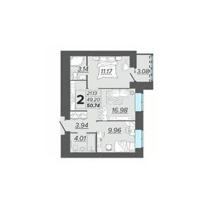 2-к квартира, вторичка, 51м2, 3/15 этаж