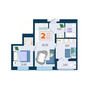 2-к квартира, вторичка, 53м2, 3/16 этаж
