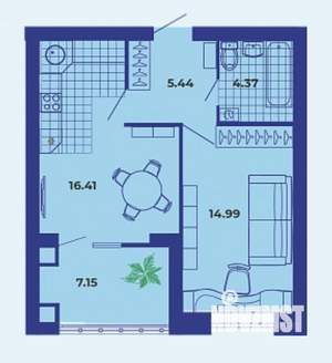1-к квартира, сданный дом, 48м2, 6/9 этаж