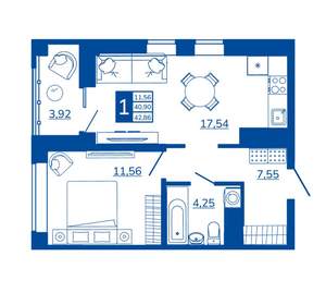 1-к квартира, вторичка, 42м2, 12/17 этаж