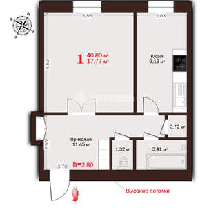 1-к квартира, вторичка, 41м2, 1/2 этаж