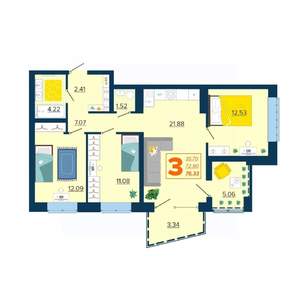 3-к квартира, вторичка, 76м2, 8/16 этаж