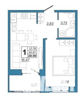 1-к квартира, вторичка, 39м2, 9/16 этаж
