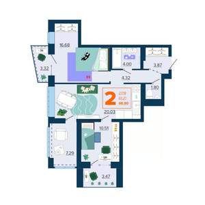 2-к квартира, вторичка, 67м2, 12/16 этаж