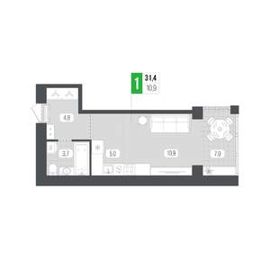 1-к квартира, вторичка, 32м2, 4/9 этаж