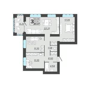3-к квартира, вторичка, 80м2, 6/9 этаж