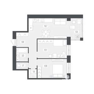 2-к квартира, вторичка, 63м2, 1/9 этаж