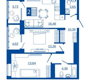 2-к квартира, вторичка, 63м2, 7/17 этаж