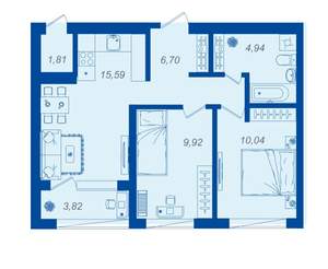 2-к квартира, вторичка, 49м2, 1/15 этаж