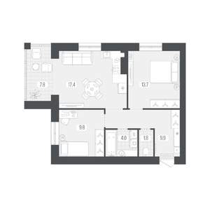 2-к квартира, вторичка, 64м2, 1/9 этаж