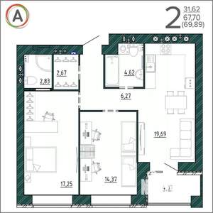 2-к квартира, вторичка, 70м2, 9/9 этаж